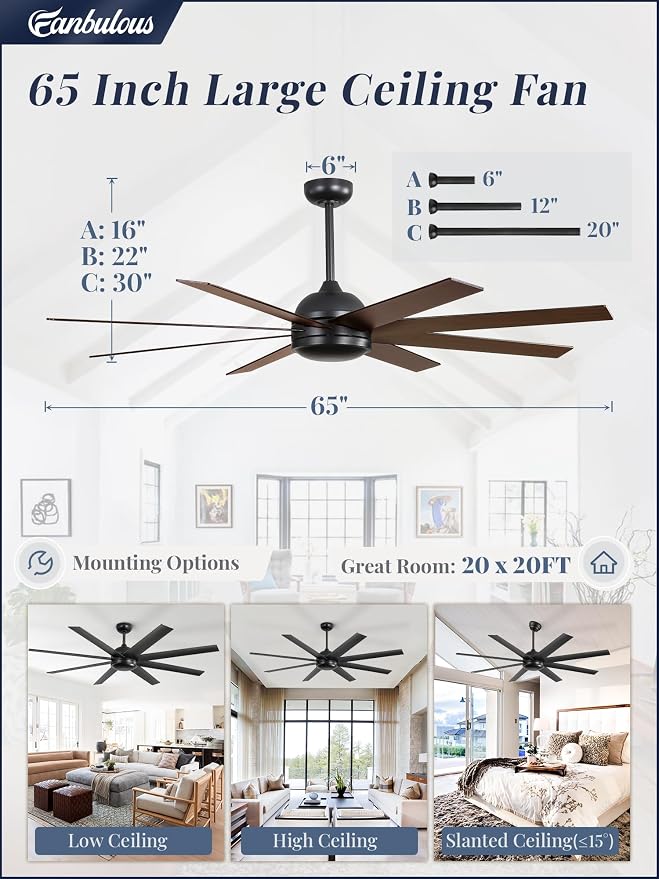 Fanbulous 65 Inch Ceiling Fans No Light with Remote, Black Indoor/Outdoor Ceiling Fan Without Light with Quiet Reversible DC Motor, 6 Speeds, 8 Blades Large Ceiling Fan for Living Room Bedroom Patio