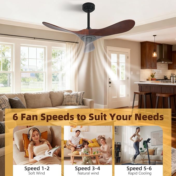 Outdoor Ceiling Fan Without Light, 42Inch Smart Ceiling Fan with Remote & Voice Control for Compatible with Alexa/Google, 3-Blade Wood Fan, Quiet DC Motor, 6 Speeds for Patio, Porch, Farmhouse