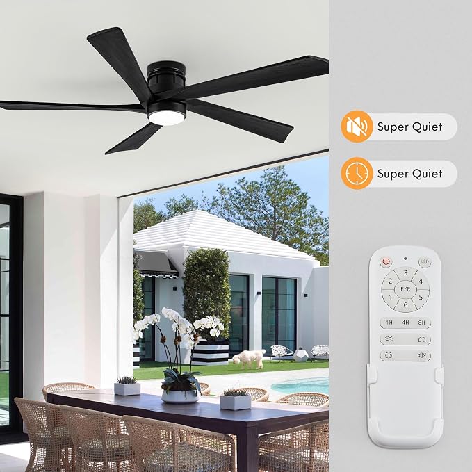 EKIZNSN 54 Inch Outdoor Low Profile Flush Mount Ceiling Fans with Lights for Patios, 110V Noiseless Reversible DC Motor, 6-Gear Speed (Black Finish with Black Blades)