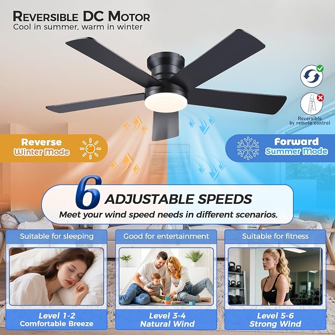 Ayaoty Ceiling Fans with Lights - 48" Black Flush Mount Ceiling Fan Light with 6 Speeds 3CCT Dimmable, Revesible Motor, Low Profile Fan Light for Modern Indoor Bedroom, Kitchen