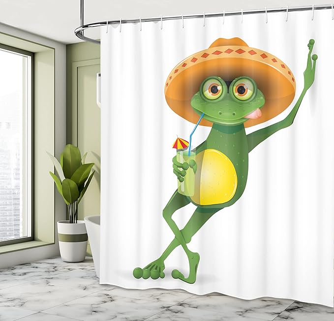 Ambesonne Cartoon Shower Curtain, Whimsical Funny Frog in a Sombrero and Cocktail Drink Glass Fauna Hot Weather Holiday Mexican Art, Cloth Fabric Bathroom Set with Hooks, 69" W x 70" L, Green Fern