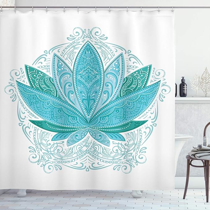 Ambesonne Lotus Shower Curtain, Oriental Flower with an Ornament of The Exotic Petals in The Traditional Style and Boho Design Art, Cloth Fabric Bathroom Decor Set with Hooks, 69" W x 84" L, Sky Blue
