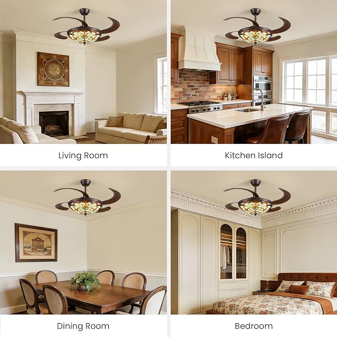 48inch Retractable Ceiling Fan Tiffany Style Chandelier Light Fixtures Ceiling with Remote & Dimmable, 6-Speed, Reversible Vintage Fandelier for Bedroom Living Room Dining Room Kitchen