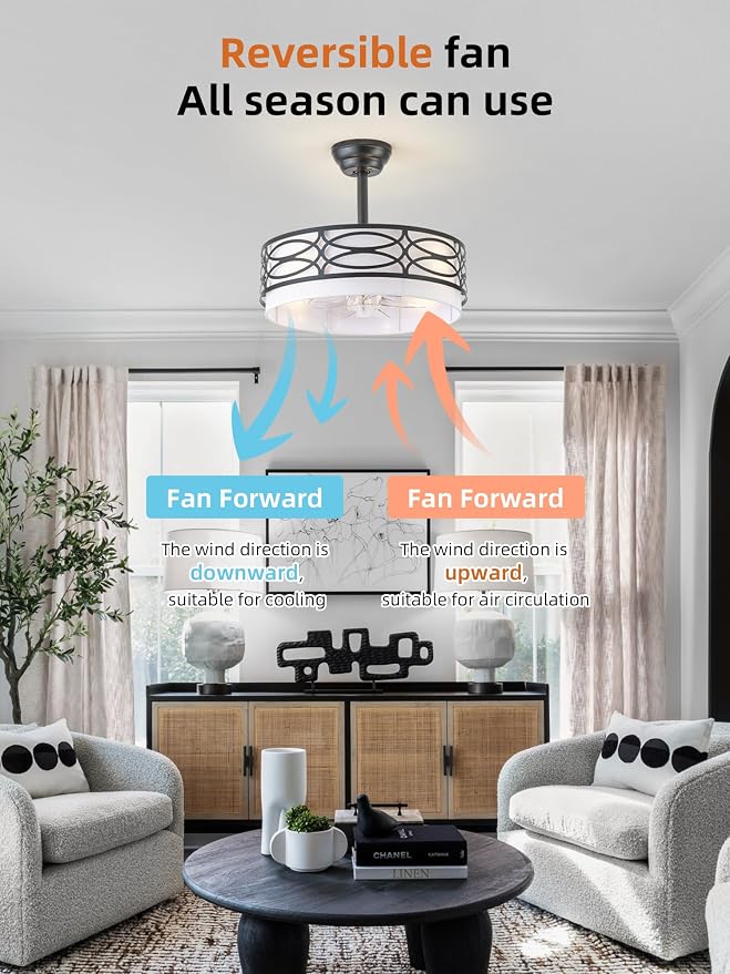 20" Black Farmhouse Ceiling Fan with Light, Caged Fandelier Ceiling Fans with Lights Remote Control with 6 Speeds for Bedroom, Living Room, Nursery