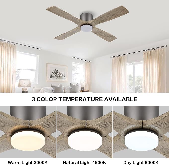 WINGBO 54 Inch Flush Mount DC Ceiling Fan with Lights and Remote, 4 Reversible Carved Wood Blades, 6-Speed Noiseless DC Motor, Hugger Ceiling Fan in Graphite Finish with Gray Blades
