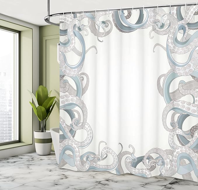 Ambesonne Octopus Shower Curtain, Background of Octopus Tentacles Aquatic Under The Sea Art Illustration Marine Life, Cloth Fabric Bathroom Decor Set with Hooks, 69" W x 70" L, Grey Blue