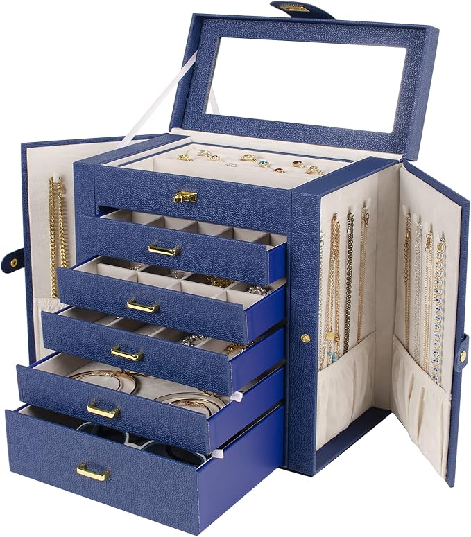 AKOZLIN 6-Tier Jewelry Box Organizer Functional 5 Drawers Leather Jewelry Storage Case for Women Girls Ring Necklace Earring Bracelet Holder Organizer with Mirror Blue Large