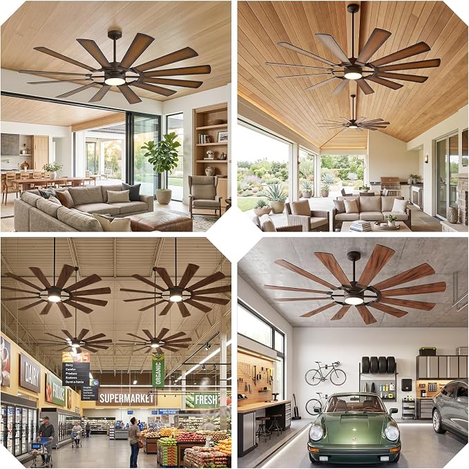 62 Inch Outdoor Windmill Ceiling Fan with Light for Patios, ETL Rustic Farmhouse, Large Airflow High 8095 CFM, 3 Downrod, Quiet Reversible DC Motor for Living Room Bedroom Garage Dual Finish 12 Blades