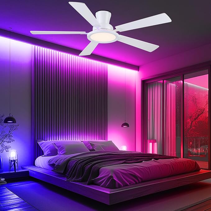 Ayaoty Ceiling Fans with Lights - 52in Flush Mount Ceiling Fan with RGB Dimmable, 3CCT 6 Wind Speeds and Reversible Quiet Motor, Low Profile RGB Fan Light for Modern Indoor, Party - White