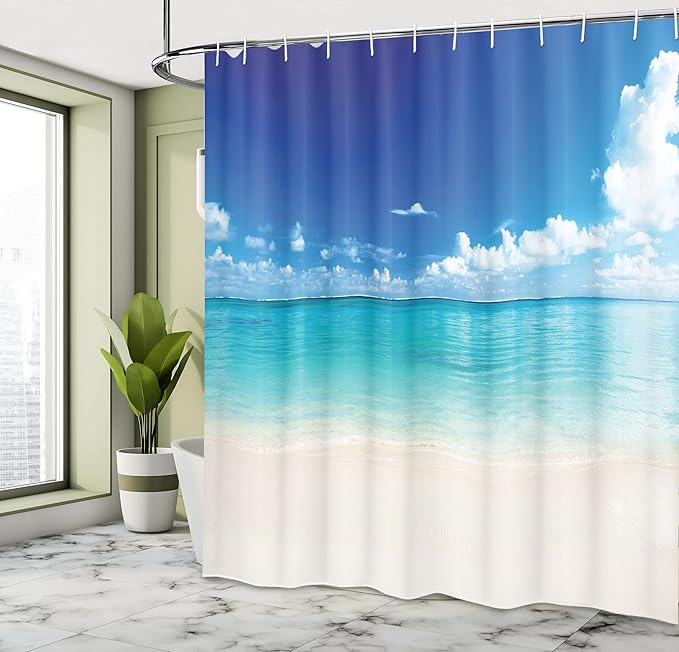 Ambesonne Ocean Shower Curtain, Natural Coastal Scenery Sandy Beach and Carribean Seashore Heavenly Paradise View Summer Holiday, Cloth Fabric Bathroom Decor Set with Hooks, 69" W x 84" L, White Blue
