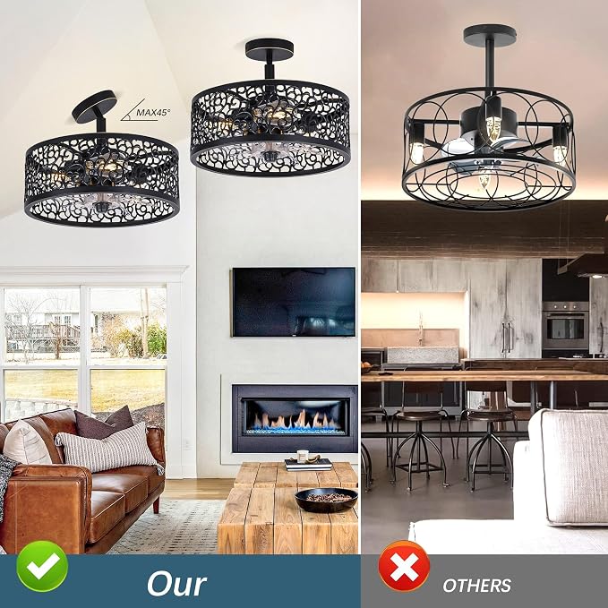 COCOSTAR Farmhouse Chandelier Ceiling Fans with Light:Caged Black Fandelier | Semi Flush Mount,Remote/APP,Sloped Ceiling,15" Rustic Fan with Small Light Fixtures for Living Dining Kitchen Bedroom Foyer