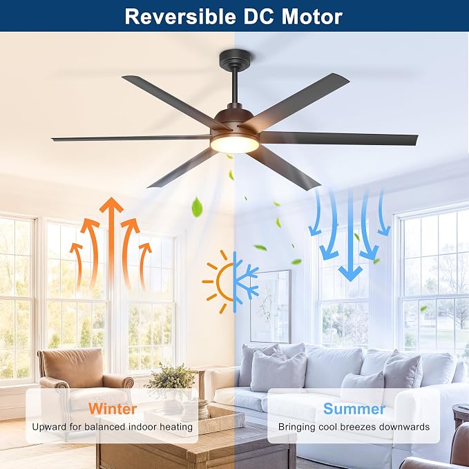 65 Inch Ceiling Fan with Lights - Black Ceiling Fan with Remote & APP Control, 3CCT, Dimmable, Quiet Reversible DC Motor, Indoor Outdoor Ceiling Fans for Patio Living Room Garage Shop