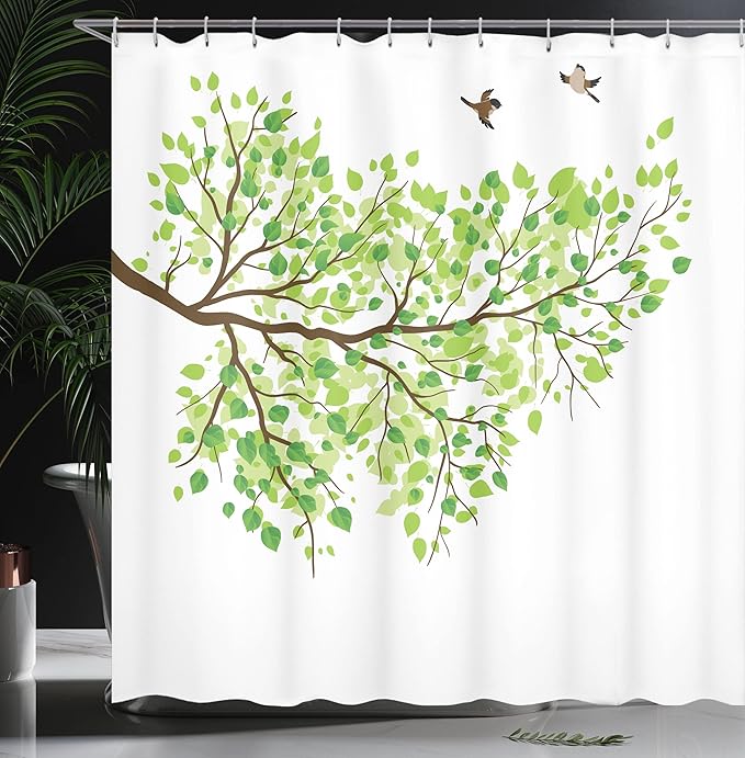 Ambesonne Hummingbird Shower Curtain, Branch with Hummingbirds in Seasonal Vivid Colors Spring Freedom Nature, Cloth Fabric Bathroom Decor Set with Hooks, 69" W x 84" L, Brown White
