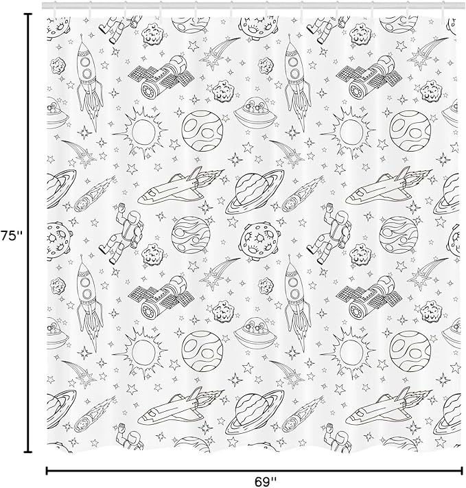 Ambesonne Cartoon Shower Curtain, Doodle Solar System Astronauts Space Crafts Shooting Stars Science Fiction Theme, Cloth Fabric Bathroom Decor Set with Hooks, 69" W x 75" L, White Ink
