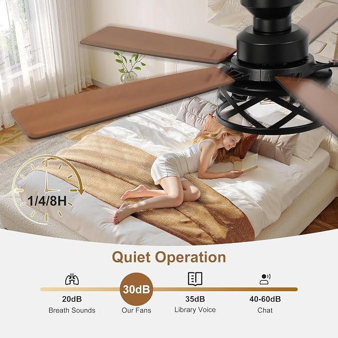 Qcyuui 52 Inch Farmhouse Ceiling Fan with Light and Remote Black Industrial Caged Flush Mount Ceiling Fan with Dual Finish 5 Blades 6 Speed Reversible Motor Rustic Ceiling Fan for Living room