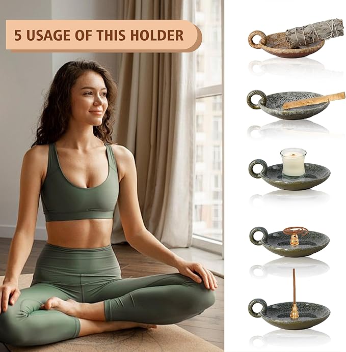Ceramic Candle Holders with Handle, Palo Santo Holder for Burning, Vintage Farmhouse Smudge Incense Stick Bowl, Sage Burner Tray, Ash Catcher Plate for Meditation Room Home Decor (Khaki)