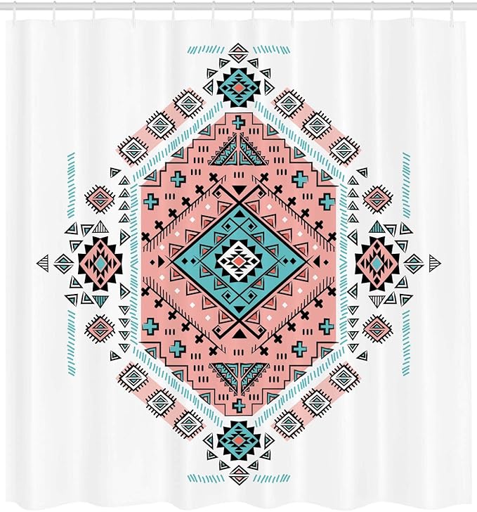 Ambesonne Tribal Shower Curtain, Mexican Symmetrical Design 4 Corner Art Pattern, Cloth Fabric Bathroom Decor Set with Hooks, 69" W x 70" L, Teal and Coral Pink