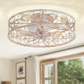 LEDIARY 23 Inch Caged Ceiling Fans with Lights, White Flush Mount Ceiling Fan with Remote&App, Large Low Profile Bladeless Ceiling Fan Light Fixture for Bedroom, Kitchen, Dining Room-White Gold Color