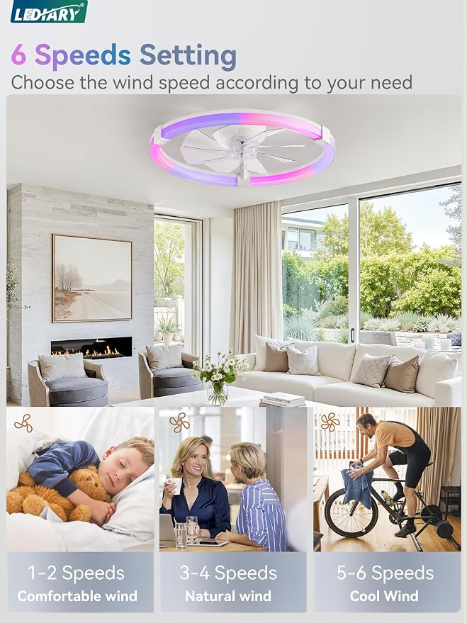 LEDIARY Ceiling Fan with Light,23inch Low Profile Fandelier with Remote RGB | RGB,6 Speeds, Reversible DC Motor, Dimmable Flush Mount Fan Light, Modern fans for Bedroom