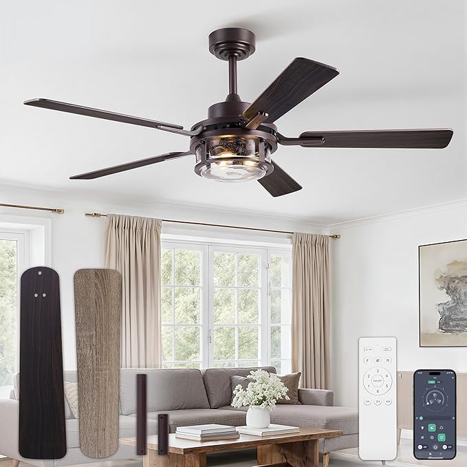 Fanbulous 52 Inch Ceiling Fan with Light and Remote,Downrod Mount Farmhouse Ceiling Fan for Bedroom, Quiet 6-Speed Reversible DC Motor, Rustic Brown & Wood Finish Blades