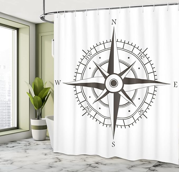 Ambesonne Compass Shower Curtain, Wind Rose Old Fashion Navigational Equipments Orienteering Illustration Print, Cloth Fabric Bathroom Decor Set with Hooks, 69" W x 84" L, Evergreen White