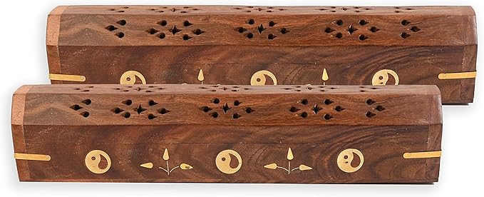 Incense Garden Pack of 2 Incense Stick Holder - Coffin Style - Wood Incense Stick Burner with Ying YANG Inlays (Natural) Handmade with Brass Inlays