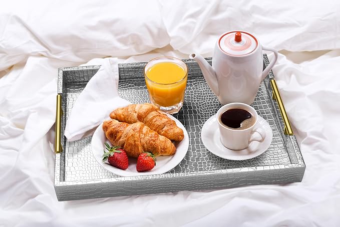 ATZYmolin 17"x12" Leather Serving Tray, Gold Handle Vanity Platter, Silvery | Rectangle Ottoman Decor Tray, Polished Metal Handles, Coffee Table Bathroom Home Decorative Wood Tray