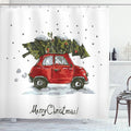 Ambesonne Christmas Shower Curtain, Retro Style Car Xmas Tree Vintage Family Illustration Snowy Winter Art, Cloth Fabric for Bath Decor Bathroom Decor Set with Hooks, 69" W x 75" L, Green Vermilion