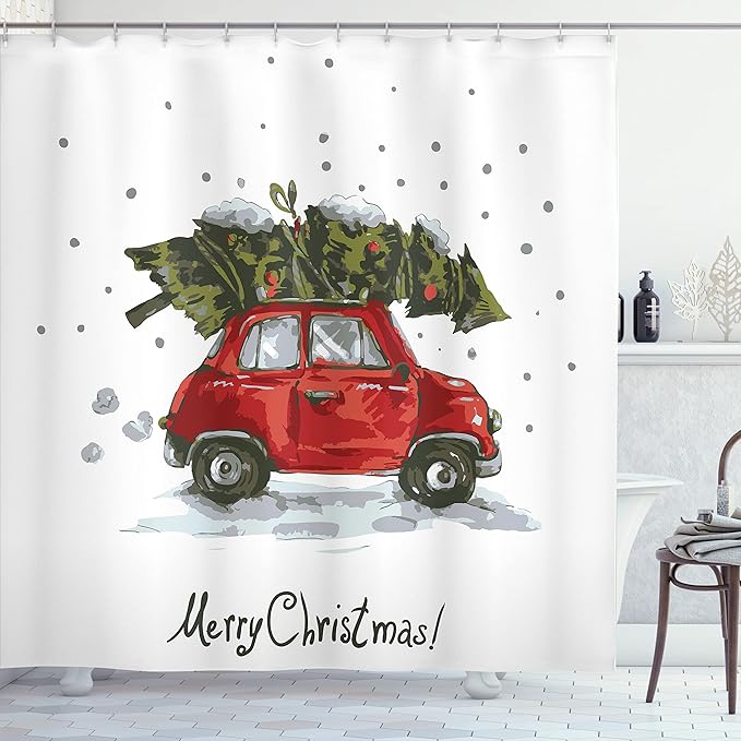 Ambesonne Christmas Shower Curtain, Retro Style Car Xmas Tree Vintage Family Illustration Snowy Winter Art, Cloth Fabric for Bath Decor Bathroom Decor Set with Hooks, 69" W x 75" L, Green Vermilion