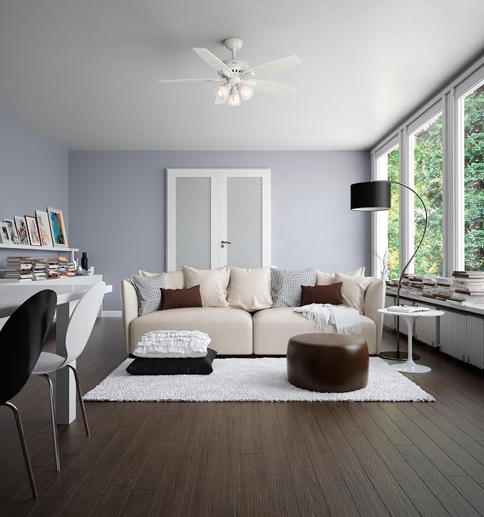 Hunter 52 inch Indoor Ceiling Fan with LED Lights - White Ceiling Fan with Pull Chain, For Bedroom or Living Room, Standard Mount, No Remote, 5 Blades, Includes Bulbs - Newsome 53316, Fresh White | Standard Mount, Pull Chain, 5 Blades, For Bedroom, Liv...