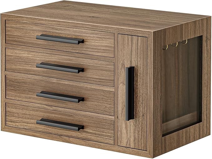 HOOBRO Jewelry Box for Women, Wooden Jewelry Organizer with Transparent Window, 4-Layer Jewelry Organizer Box, Jewelry Holder Organizer for Earrings, Necklaces, Rings, Light Walnut and Black BSD09JB04