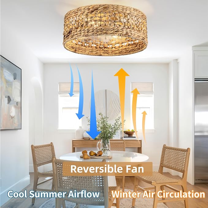Handwoven Boho Ceiling Fan with Light,Rattan Caged Ceiling Fans with Lights and Remote Control Flush Mount Low Profile Enclosed 6 Speeds Fandelier for Bedroom,Living Room,Dining Room,4-Light