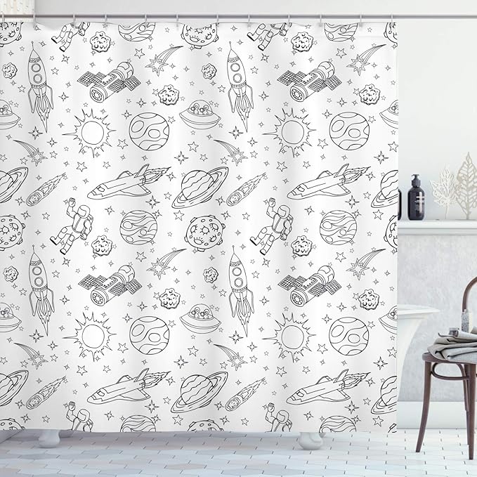 Ambesonne Cartoon Shower Curtain, Doodle Solar System Astronauts Space Crafts Shooting Stars Science Fiction Theme, Cloth Fabric Bathroom Decor Set with Hooks, 69" W x 70" L, White Ink