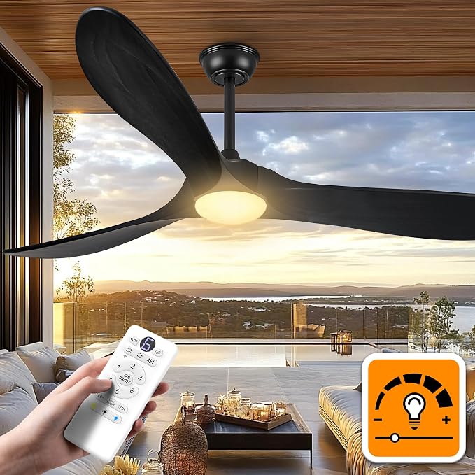 Haipeel 52 Inch Black Outdoor Ceiling Fans with Lights, Wood 3 Blades Outdoor Fan with Light and Remote Control Modern Propeller Ceiling Fans for Patios Porch Garage, ETL Listed DC Motor, Matte Black