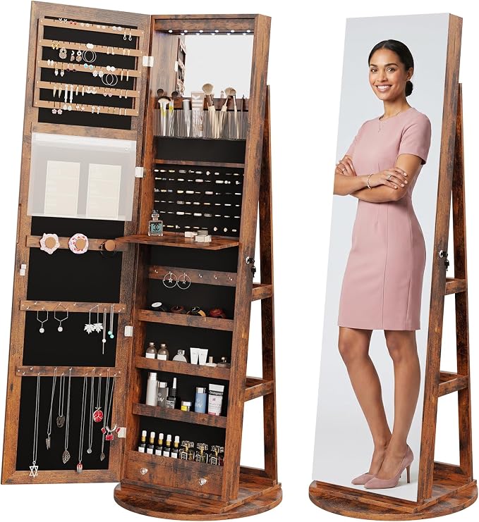 360° Rotating Jewelry Armoire with Full-Length Mirror & LED | Lockable Standing Organizer, Secure Storage For Jewelry, Brown