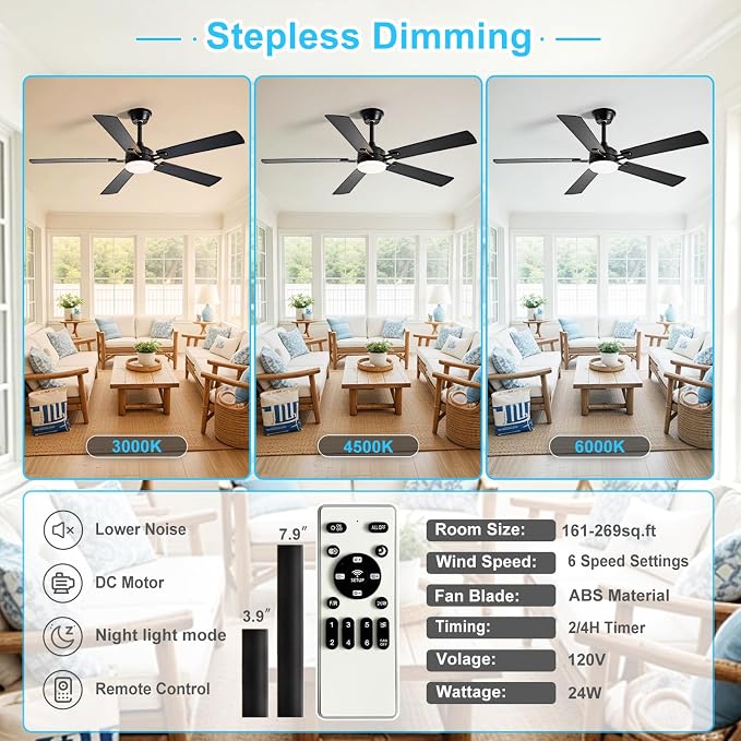 Depuley 52-inch Ceiling Fan with Light: Black Ceiling Fan for Living Room Indoor Outdoor - Modern Ceiling Fan with Remote Control 3CCT Dimmable Noiseless 5 Reversible Walnut Blades 6 Speeds Timer