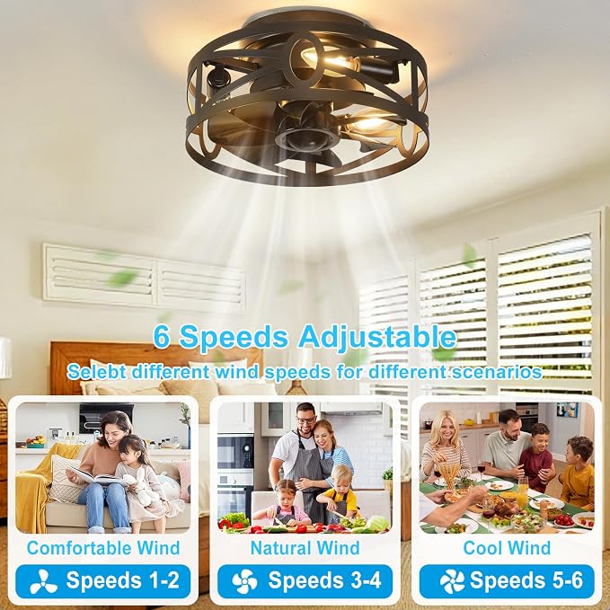 Depuley Flush Mount Ceiling Fan: 12" Caged Ceiling Fans with Remote Control for Patio Kitchen Bedroom - Low Profile Fandelier Lights Fixture Reversible 6 Speed Timer Black 3*E12 Bulb Not Included