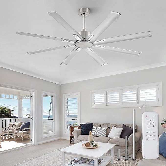 ZMISHIBO 65 Inch No Light, Large Industrial Ceiling Fan with 8 Aluminium Blades, Quiet DC Motor, 6 Speeds, Modern Ceiling Fan without Light for Garage/shop/living room,Nickel