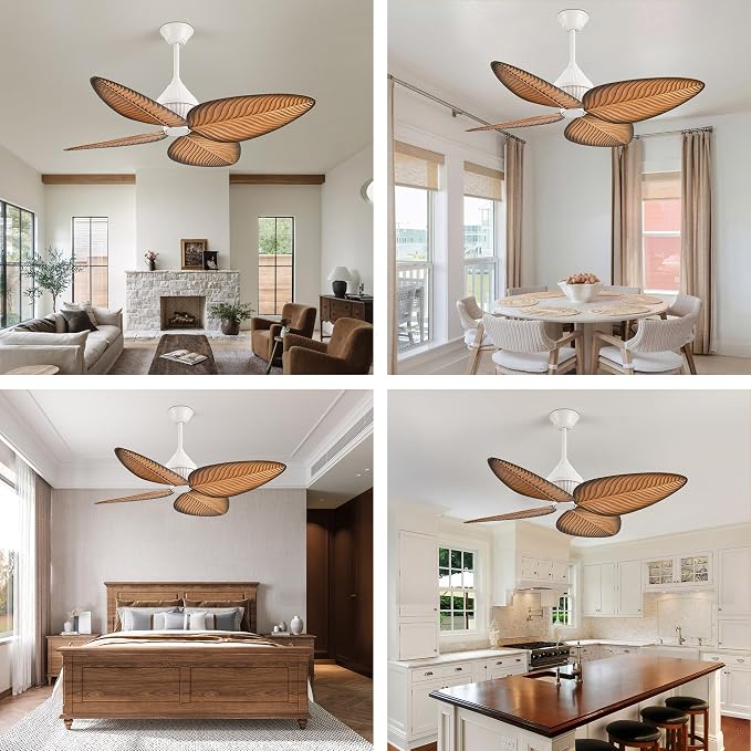 52"White Tropical Ceiling Fans, Flush Mount Palm Leaf Ceiling Fan no Light, Indoor Ceiling Fans without Light for Living Room Bedroom Kitchen Covered Gazebo, APP and Remote Control-Light Wood Grain