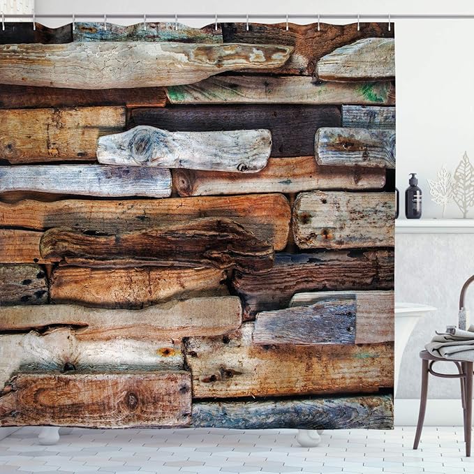 Ambesonne Driftwood Shower Curtain, Wooden Theme Driftwood and Knotty Planks in The Vintage Style Design Digital Image, Cloth Fabric Bathroom Decor Set with Hooks, 69" W x 70" L, Brown