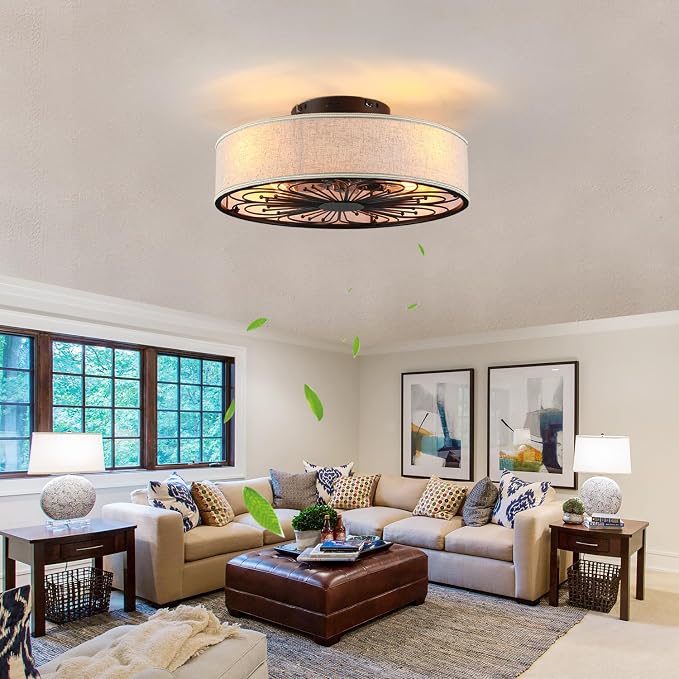 20" Boho Rattan Caged Ceiling Fan with Light,Low Profile Flush Mount Bladeless Ceiling Fan with Remote Control, 6 Speeds Reversible Silent Motor, Farmhouse Fabric Fandalier for Bedroom,Living Room