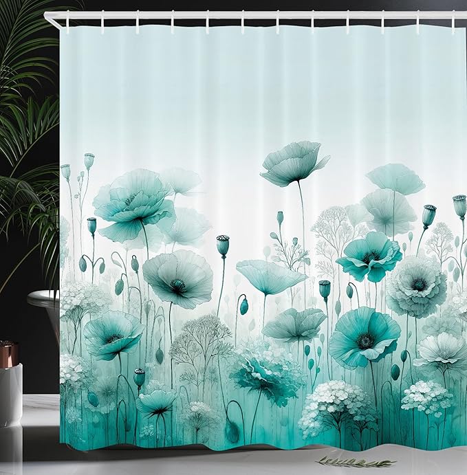 Ambesonne Turquoise Shower Curtain, Chill Atmosphere of Flowering Poppy Scene with Oceanic Green Tones, Cloth Fabric Bathroom Decor Set with Hooks, 69" W x 75" L, Mint Green Seafoam White