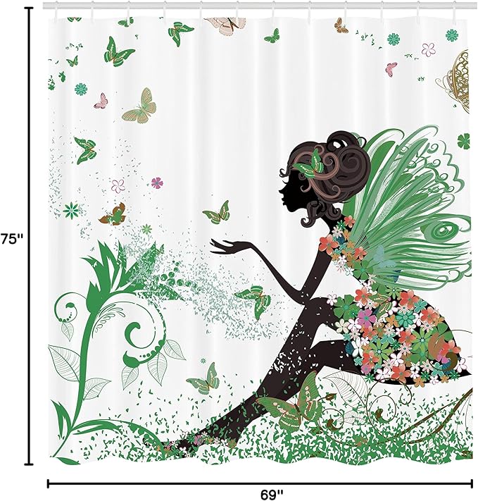 Ambesonne Fantasy Shower Curtain, Spring Girl Wings in a Floral Dress Surreal Garden Butterflies Print, Cloth Fabric Bathroom Decor Set with Hooks, 69" W x 75" L, Fern Green