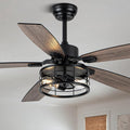 52 Inch Farmhouse Ceiling Fan with Light and Remote Black Industrial Ceiling Fan Quiet and Reversible DC Motor Rustic Caged Chandelier Fan for Living Room Bedroom Patio