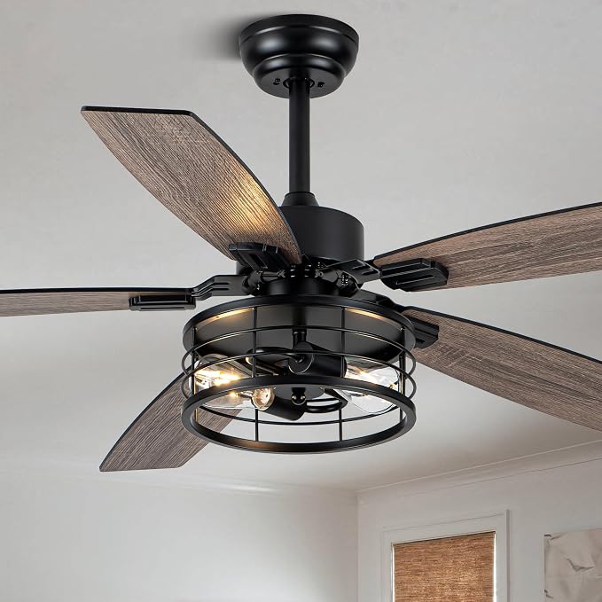52 Inch Farmhouse Ceiling Fan with Light and Remote Black Industrial Ceiling Fan Quiet and Reversible DC Motor Rustic Caged Chandelier Fan for Living Room Bedroom Patio