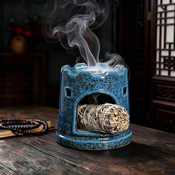 Ceramic Mini Chiminea Palo Santo Burner | Sage & Incense Cone Holder | Stable Smudge Bowl for Zen Altar, Meditation, Yoga | Home Decor & Gift (D)