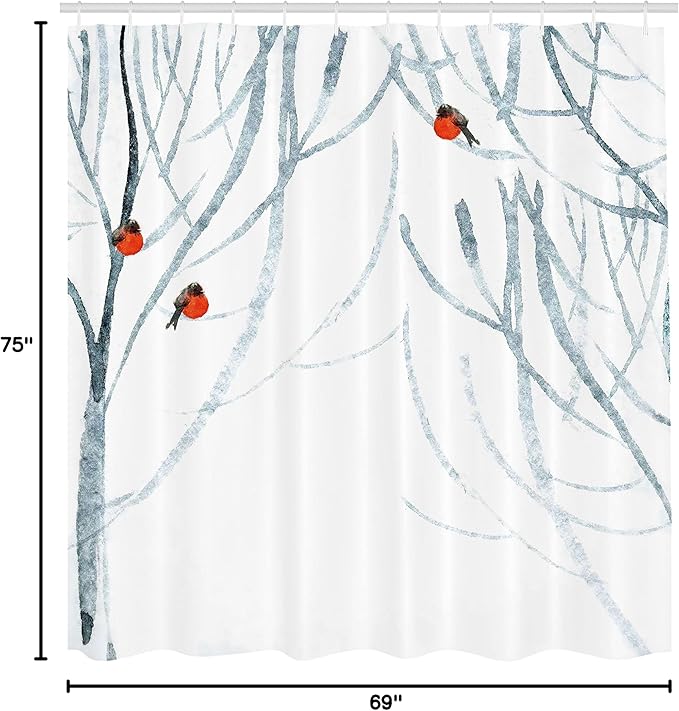 Ambesonne Modern Shower Curtain, Trees Water Colored Image of Winter Woods with Bullfinches Print, Cloth Fabric Bathroom Decor Set with Hooks, 69" W x 75" L, Pale Grey White