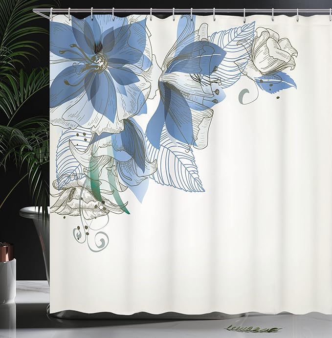 Ambesonne Flowers Shower Curtain, Buds Leaf at The top Left Corner Season Celebrating Theme Illustration, Cloth Fabric Bathroom Decor Set with Hooks, 69" W x 70" L, Azure Blue White