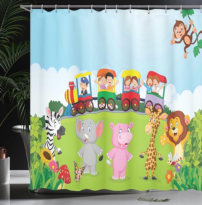 Ambesonne Cartoon Shower Curtain, Funny Cartoon Design Happy on a Choo Train Savannah Animals Art Forest Print, Cloth Fabric Bathroom Decor Set with Hooks, 69" W x 75" L, Multicolor Soft Blue