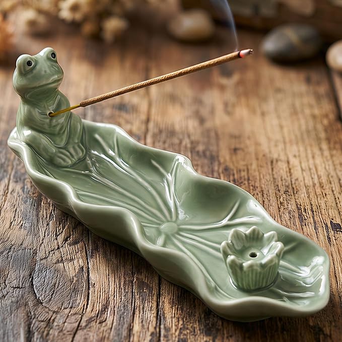 Frog Incense Holder for Sticks, Handmade Ceramic Holder for Burning Sage Sticks, Palo Santo, Cone and Backflow, Incense Burner for Meditation Room Home Decor, Frog Spiritual Gifts for Women